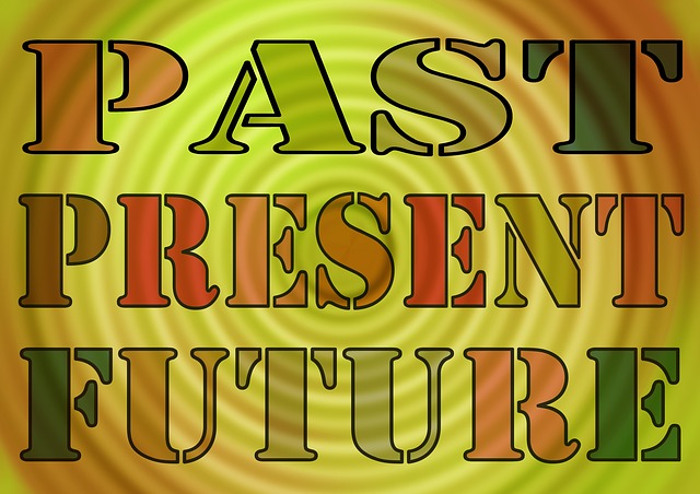 The words "past," "present," and "future" are displayed on a vibrant green background