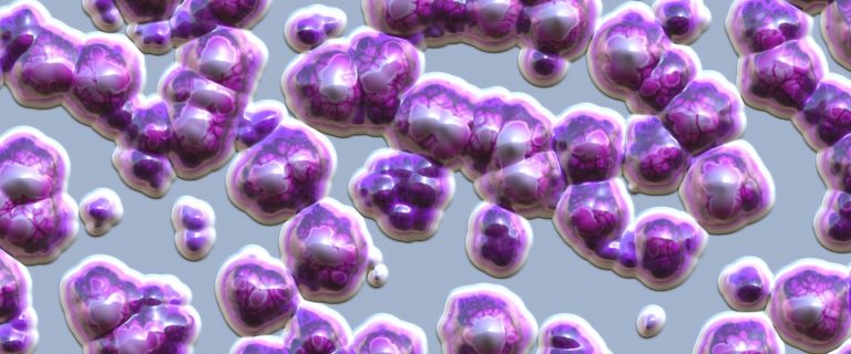 A collection of purple and white balls arranged on a flat surface